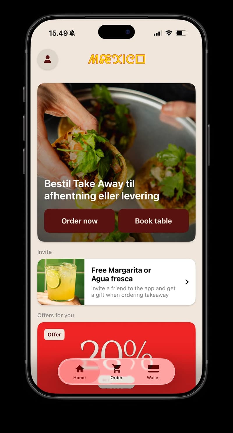 The Mæxico app home screen with take away ordering, table booking and offers
